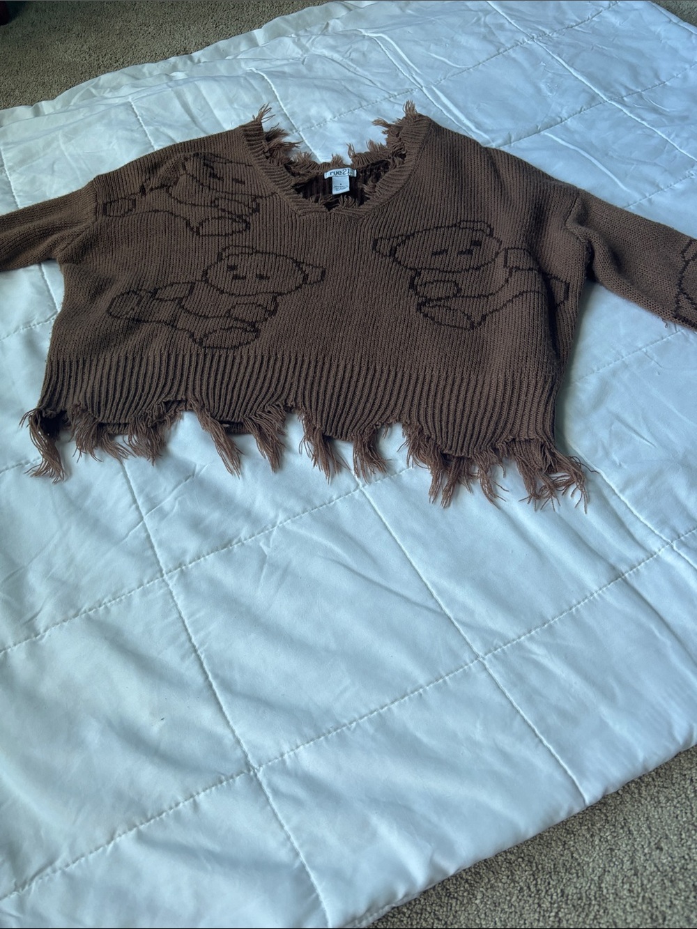 Rue21 Brown Distressed Teddy Bear V-Neck Sweater